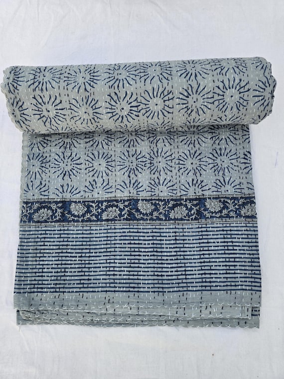 Floral Kantha Quilt, Vintage Block Print Bedding, Handmade Cotton Bedspread