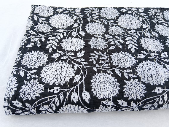 White Floral Kantha Quilt Handblock Print Black& white floral Kantha Indian Netural Colour Indian inspired Bedding Hand Stitched Rural throw