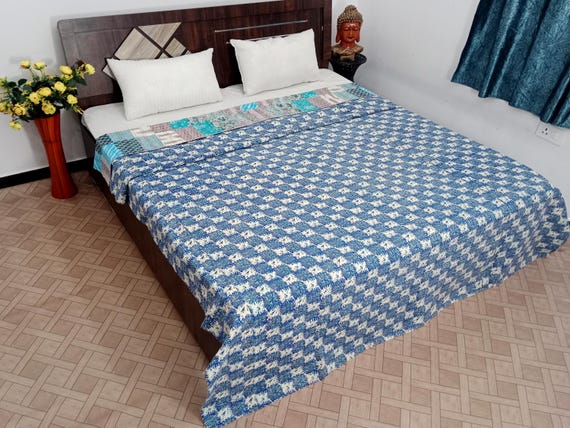 Fish print Kantha Quilt: Hand-Stitched Cotton Kantha