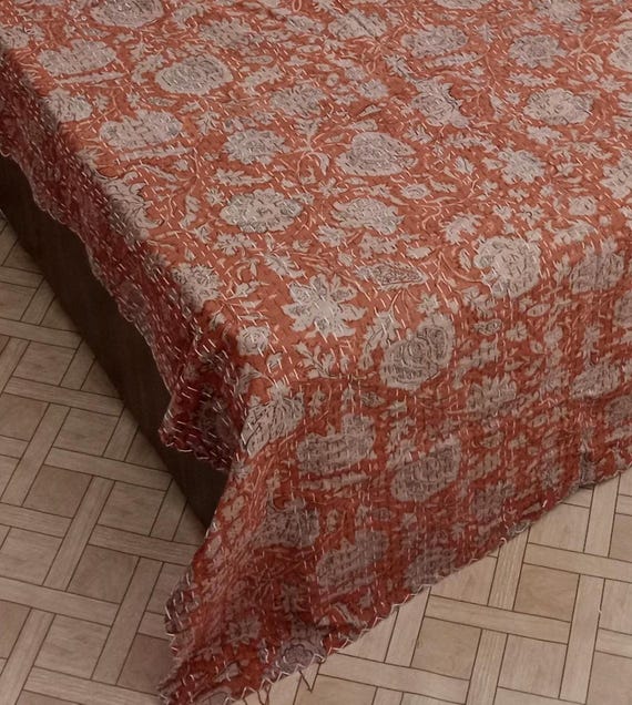 Handcrafted Cotton Kantha Quilt, Floral Print, Twin/Queen/King Size