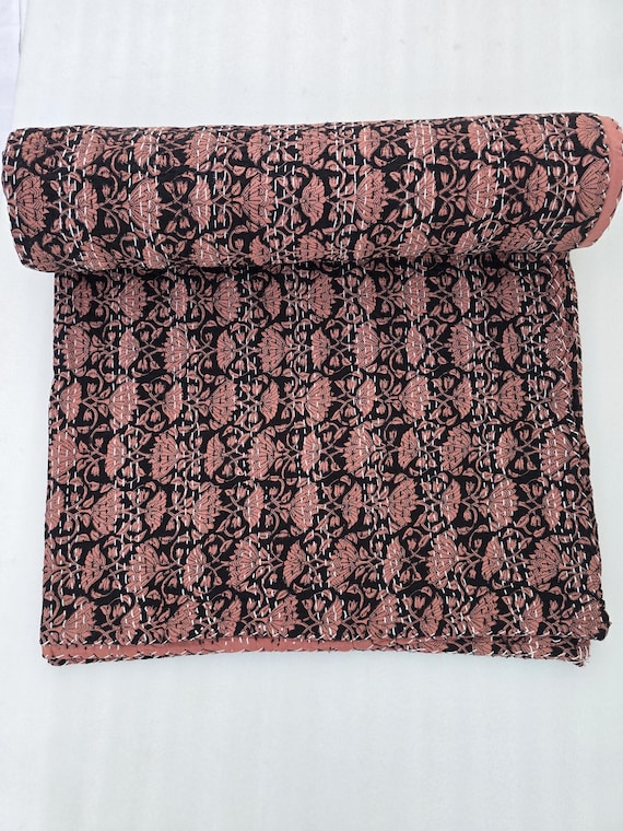 Floral Handmade Kantha Quilt, Vintage Floral Block Print Bedding Vintage Quilt Gorgeous quilt that has the Perfect Vintage Look