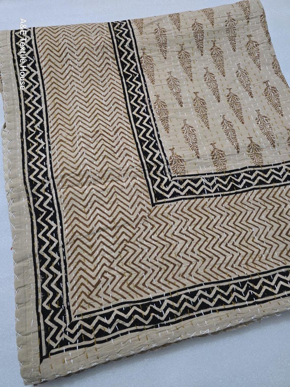 Kantha Quilt Bedding Hand Block Print Floral Blanket Indian Natural Color, Hand-Stitched Rural Kantha Bedding, Ethnic Home Décor Style