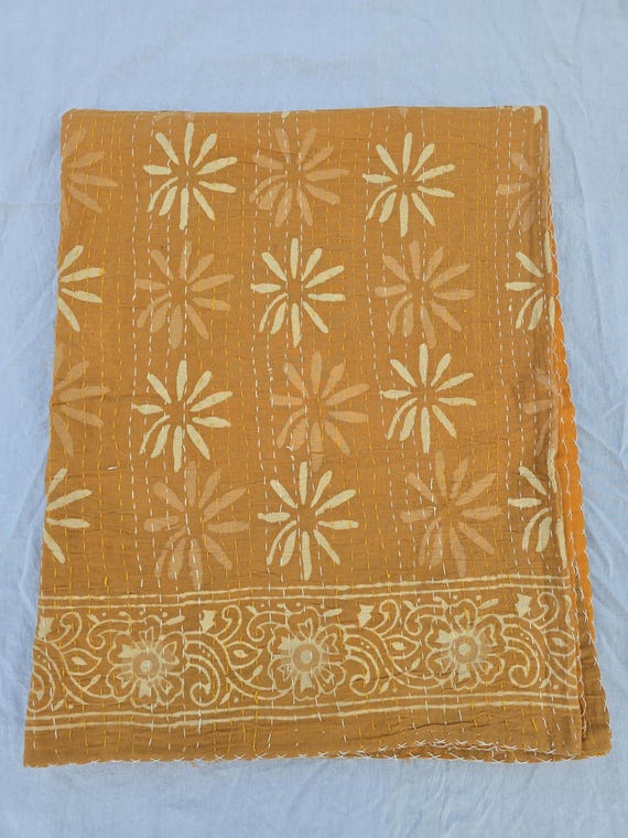 Mustard Floral Kantha Quilt, Hand-Stitched Indian Bedspread, Cotton Block Print, Vintage Style, Queen or King Size Bedding, Handmade Kantha