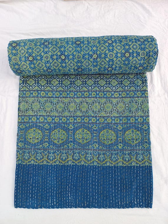 Ajrak or Ajrakh is a unique block printed textile. It displays special traditional designs and patterns Ajrak Vintage design kantha quilt
