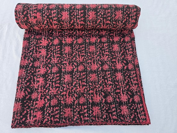 Floral Kantha Quilt, Vintage Block Print Bedding, Handmade Cotton Quilt