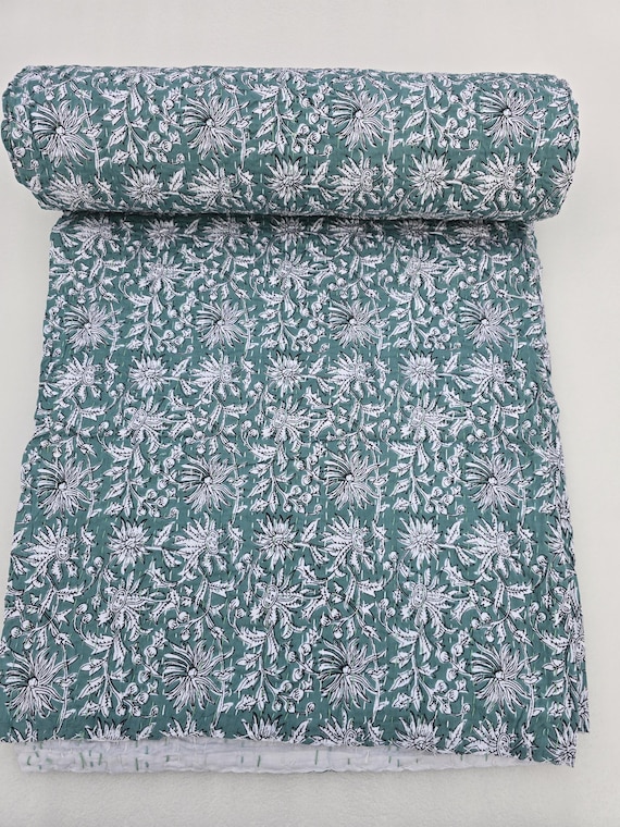 Kantha Quilt Bedding Hand Block Print Floral Blanket Indian Natural Color, Hand-Stitched Rural Kantha Bedding, Ethnic Home Décor Style