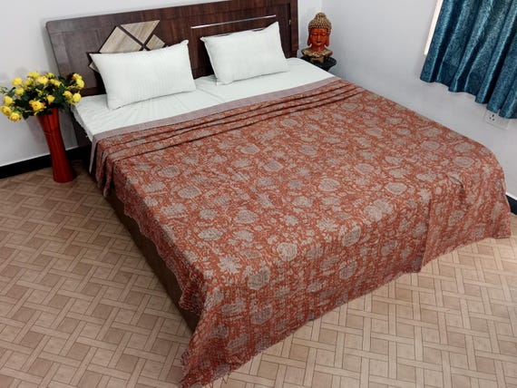 Madison Kantha Quilt Handblock Print floral Madiso Design Kantha Indian Netural Colour Indian inspired Bedding Hand Stitched Rural Bedspread