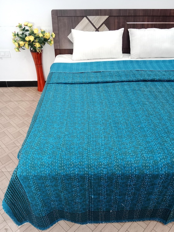 Handmade Kantha Quilt, Vintage Floral Block Print Bedding Vintage Bedding Quilt Gorgeous Quilt that has the Perfect Vintage look