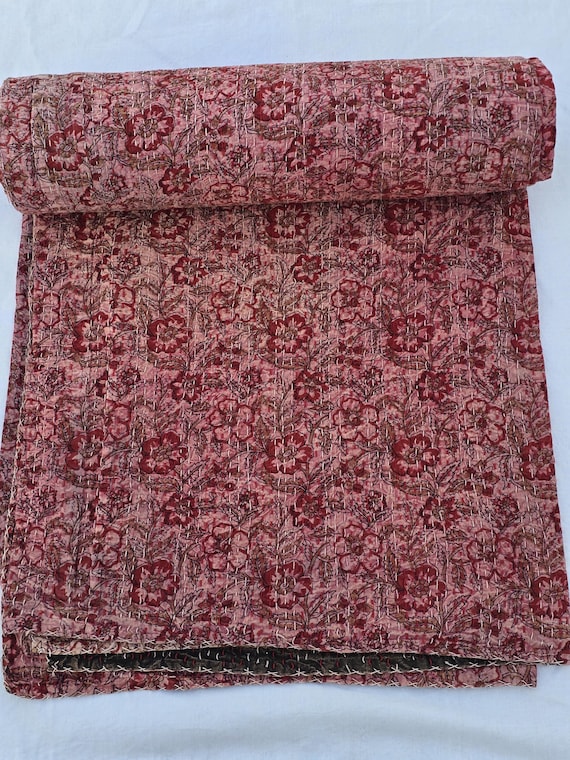 Floral Kantha Quilt, Vintage Block Print Bedding, Handmade Cotton Bedspread