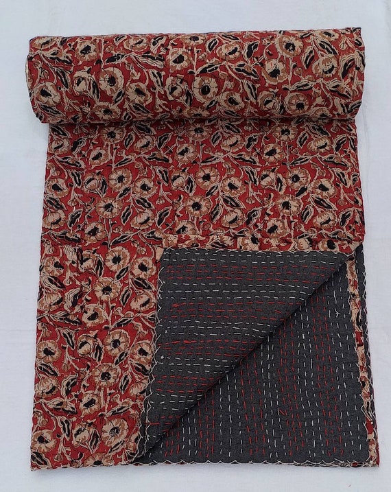 Handmade Floral Kantha Quilt: Indian Inspired Cotton Bedding