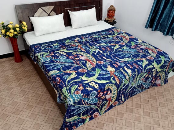 Premium Indian Bird Print Bedding Bedspread Full size Queen Quilt Hand Stitched Kantha Quilts, Votary bird Quilts Eco Friendly Kantha