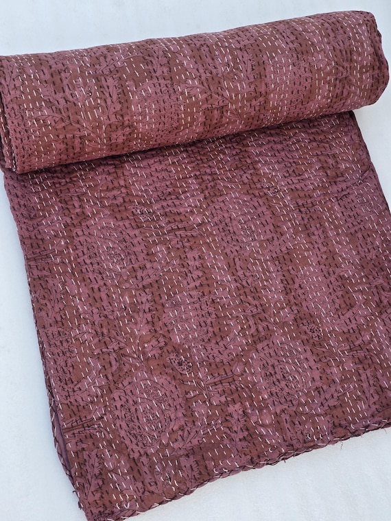 Black Floral Kantha Quilt: Hand-Stitched Indian Bedding