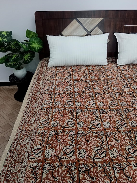 Hand Block Print Kantha Quilt: Floral Indian Blanket Bedding Rare Find, Only 2pieces Available