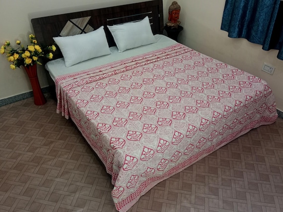 Pink Hand Block Print Kantha Quilt - Floral Kantha Bedspread, Cotton Kantha Blanket, Kantha Throw, Handmade Pink Quilt