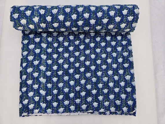 Hand Block Print Kantha Quilt: Floral Indian Cotton Blanket