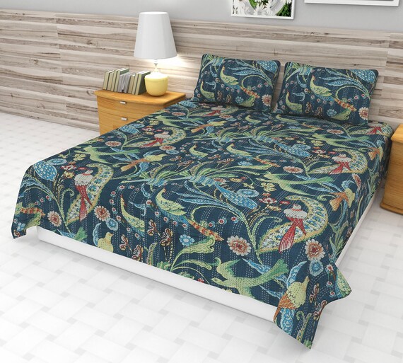 Bird Print Bedding Bedspread Full size Quilt Hand Stitched Kantha Quilt Votary bird Quilted birds wings kantha quilt