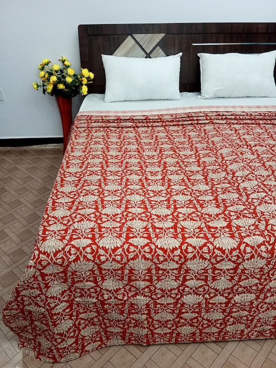Reversible Kantha Quilt Bedding Hand Block Print Floral Blanket Indian Natural Color, Hand-Stitched Rural Bedding, Ethnic Home Décor Style