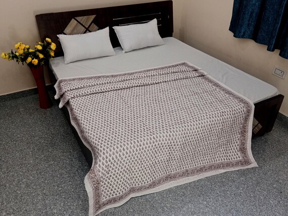 Batting Cotton Twin Size Quilt Indian Reversible Quilt, Handmade Jaipuri Razai Soft Cotton Kantha Quilt, Queen Size Bedding Blanket For Home