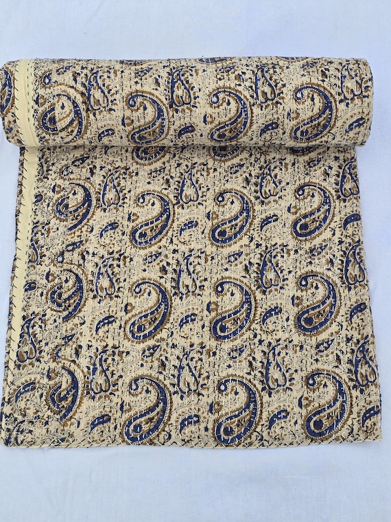 Floral Kantha Quilt, Vintage Block Print Bedding, Handmade Cotton Bedspread