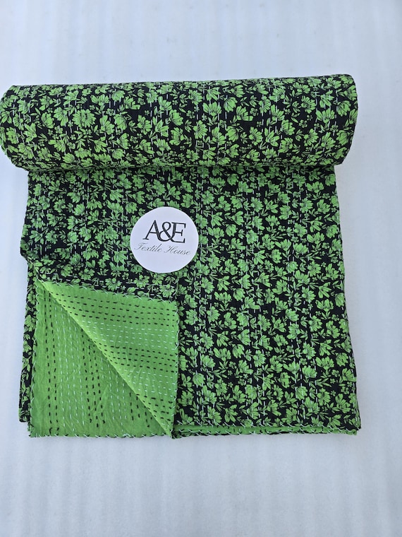 Handmade Kantha Quilt, Vintage Green Floral Block Print Bedding Vintage Bedding Quilt Gorgeous Quilt that has the Perfect Vintage look