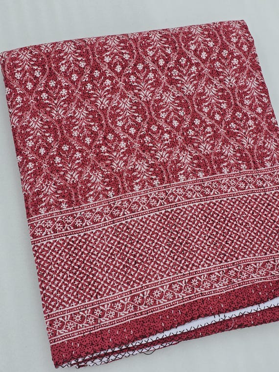 Floral Hand-Stitched Kantha Quilt: Natural Vegetable Dye Cotton
