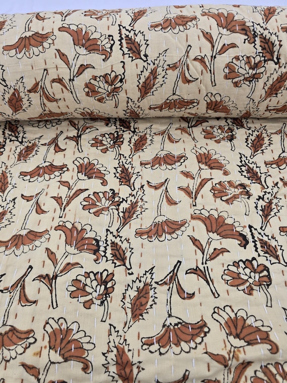 Floral Kantha Quilt, Vintage Block Print Bedding, Handmade Cotton Bedspread