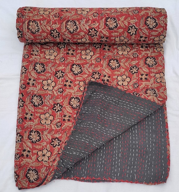 Premium Red Floral Hand block Print Kantha Quilt Indian Natural Color inspired Bedding Hand Stitched Rural Quilted Boho bedding Kantha Throw