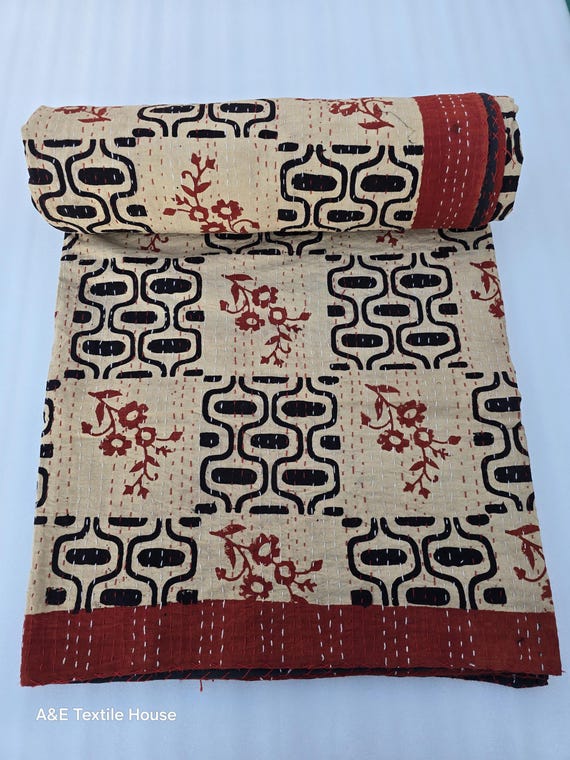 Kantha Quilt Bedding Hand Block Print Floral Blanket Indian Natural Color, Hand-Stitched Rural Kantha Bedding, Ethnic Home Décor Style
