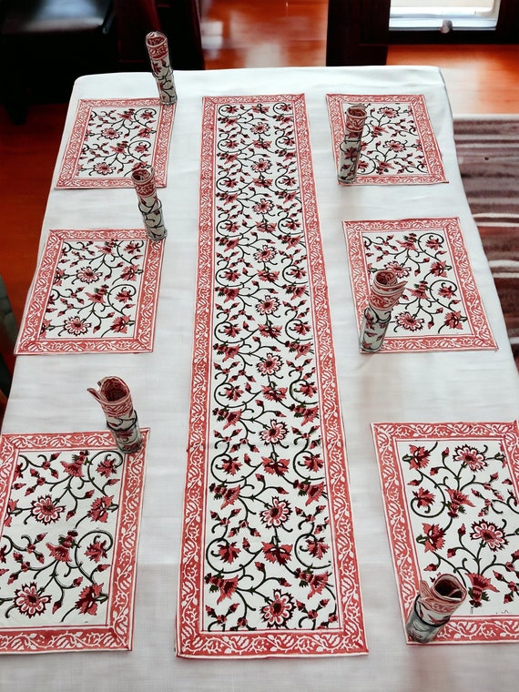 Hand Block Printed Premium Matching Runner With Napkins for 6 Seater with Premium Table Mat Set Hand Block Print