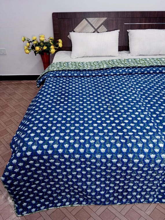 Premium Bed Decor Blankets Indian Reversible Quilt, Handmade Jaipuri Razai Soft Jaipuri Quilt Queen Size Quilt, Indian Cotton Kantha Quilt