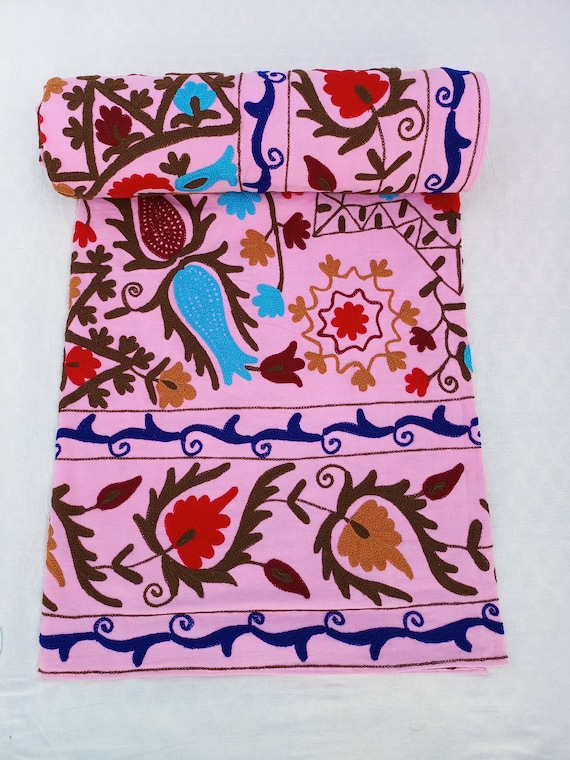 Hand Embroidered Suzani Tapestry: Vintage Floral Wall Hanging, Bedding, Sofa Cover