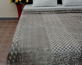 Edredón Kantha floral, ropa de cama de algodón con estampado a mano, manta decorativa estilo boho indio.