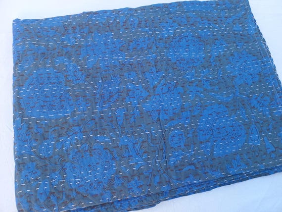 Blue Floral Design Kantha Quilt Handblock Print Blue floral Kantha Indian Netural blue Colour Indian inspired Bedding Hand Stitched Quilted