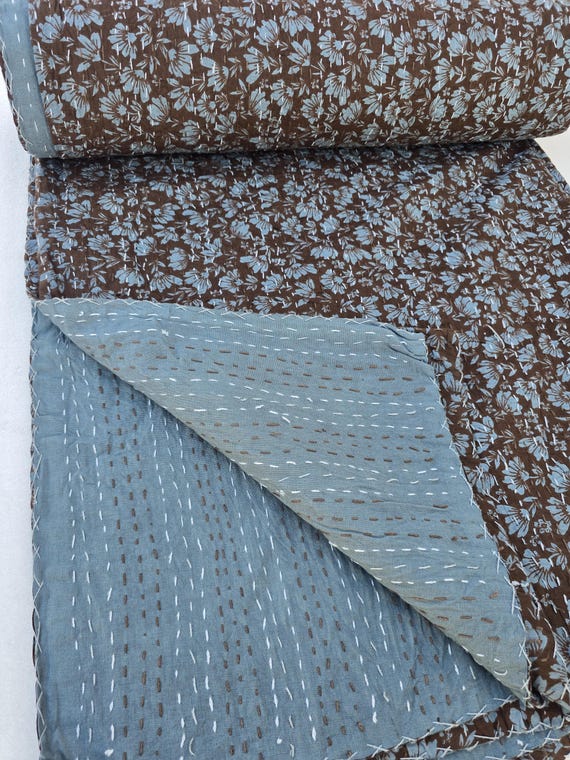 Handmade Kantha Quilt, Throw Blanket Block Print Quilt  Bedding Vintage Bedding Quilt Gorgeous Quilt that has the Perfect Vintage look