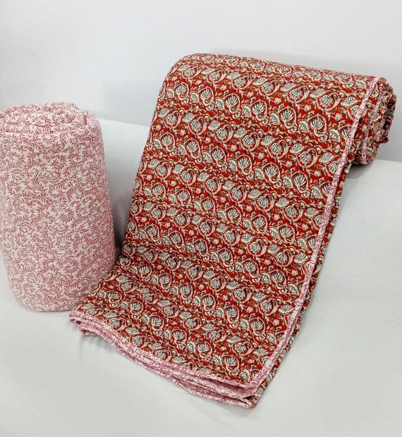 Winter Warm Quilt Cotton Batting "Quilt" Handmade Reversible "Cotton" Kantha Quilt: Indian Floral Quilt