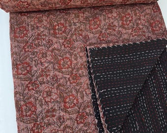 Edredón Kantha hecho a mano, ropa de cama vintage con estampado floral, cubrecama de algodón marrón, edredón indio cosido a mano, ropa de cama vintage tamaño Queen