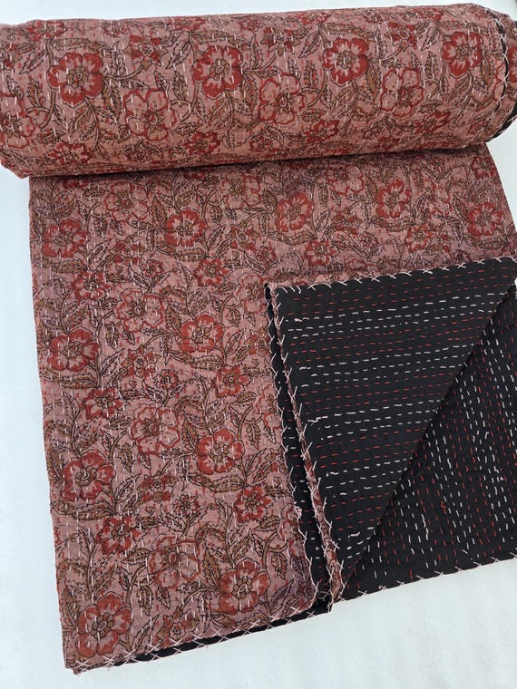 Handmade Kantha Quilt, Vintage Floral Block Print Bedding, Brown Cotton Bedspread, Hand Stitched Indian Quilt, Queen Size Vintage Bedding