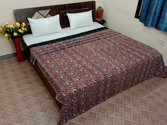 Premium Burgundy Kantha Quilt, Elisa Hand block Print Indian Natural Color Floral Print Quilt, Hand Stitched vegetable dye, Cotton Blanket