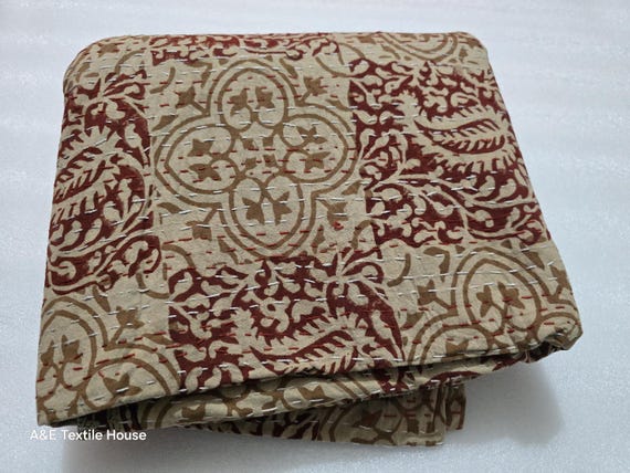 Kantha Quilt Bedding Hand Block Print Floral Blanket Indian Natural Color, Hand-Stitched Rural Kantha Bedding, Ethnic Home Décor Style