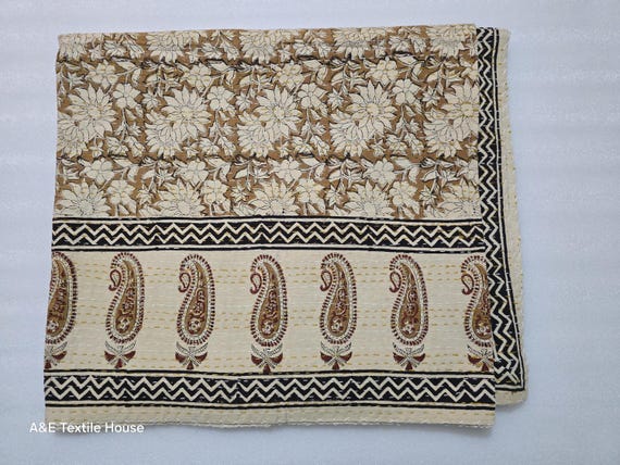 Hand Block Print Kantha Quilt: Floral Indian Blanket, Natural Cotton