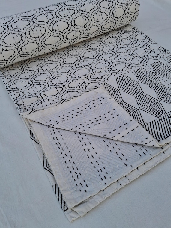 Black and White Kantha Quilt: Hand-Block Print Cotton Bedspread