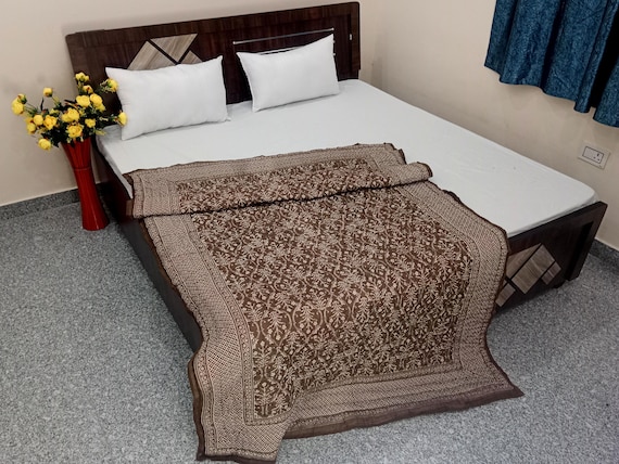 Batting Cotton Twin Size Quilt Indian Reversible Quilt, Handmade Jaipuri Razai Soft Cotton Kantha Quilt, Queen Size Bedding Blanket For Home