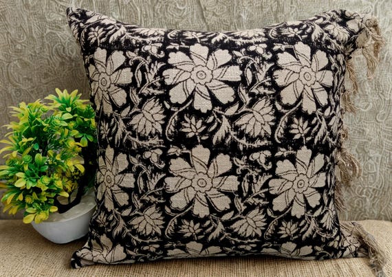 Hand Block Print Pillow Cover: Handmade Cotton Fringe Cushion Pillow Cover 20x20