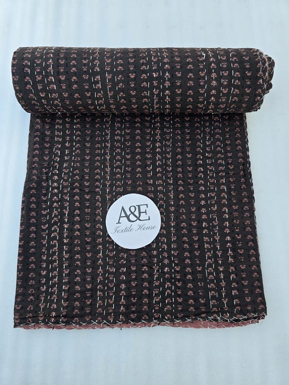 Handmade Kantha Quilt, Vintage Brown Floral Block Print Bedding Vintage Brown Bedding Quilt Gorgeous quilt that has the perfect vintage look