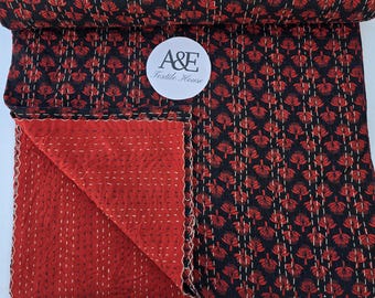 Handmade Kantha Quilt: Floral Block Print Cotton, Vintage Look (90x108 Inches)