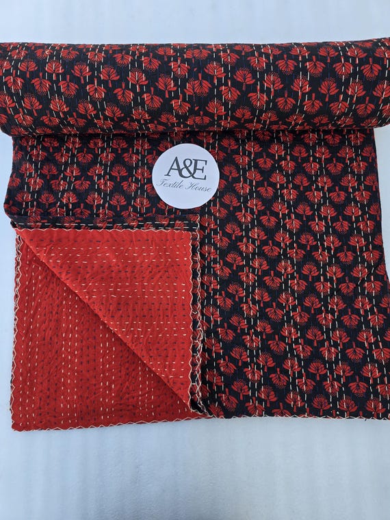 Handmade Kantha Quilt: Floral Block Print Cotton, Vintage Look (90x108 Inches)