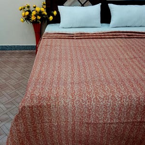 Indian Handblock Print Bedding Bedspread Full-size Queen Quilt Hand Stitched Quilt Netural Colored Kantha Quilted Rare find kantha quilt