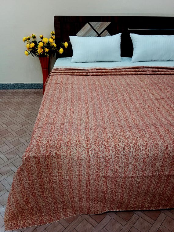 Indian Handblock Print Bedding Bedspread Full-size Queen Quilt Hand Stitched Quilt Netural Colored Kantha Quilted Rare find kantha quilt