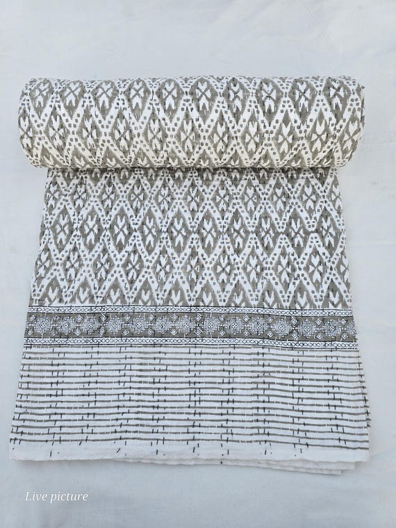 Grey Kantha Quilt Queen Sofa cover gray pattern gray kantha quilt queen  gray and white quilt handmade, grey bedspreads indian pattern Quilt