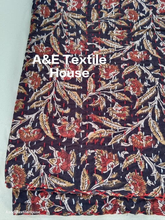 Unique Designs Floral Kantha Quilt Handblock Print floral Kantha Indian Block Print Queen Size Quilt Hand Stitched light weight quilted
